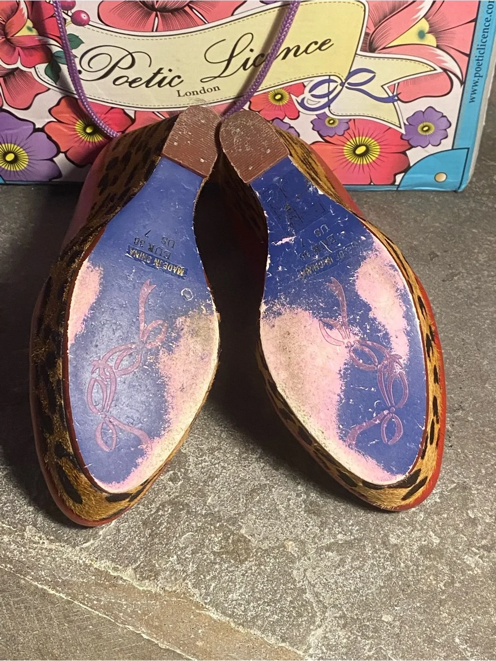 Irregular Choice Body Love platform wedges,red leather,leopard faux fur,in box,7